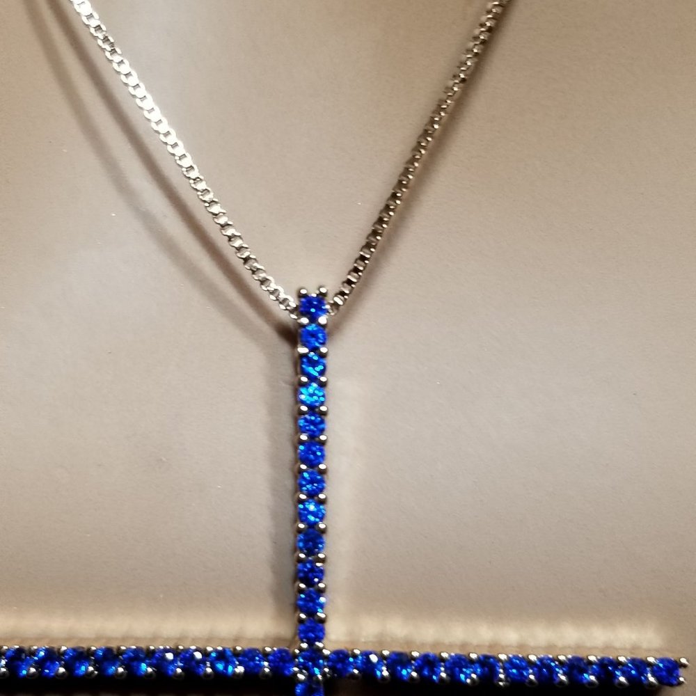 AAA Zircon & Copper Cross Necklace. Blue & Gold - Picture 5 of 8
